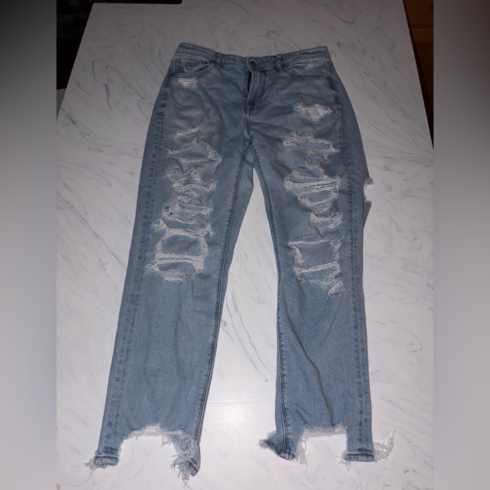 American eagle distressed high rise mom jeans destruction light stretch 12 long